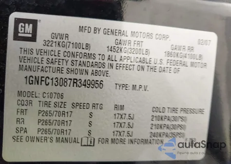 2007 Chevrolet Tahoe Lt z USA, uszkodzony, nr VIN 1GNFC13087R349956